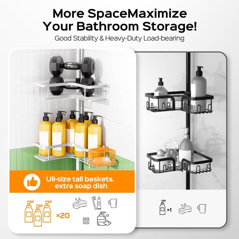 HAMITOR Corner Shower Caddy White: 4-Tier Rustproof Bathroom Bathtub Organizer Shelf with Soap Holder & Hooks - No-Drill Adjustable Standing Tension Pole Rack for Apartment Renters - 47-123 Inch - Image 5